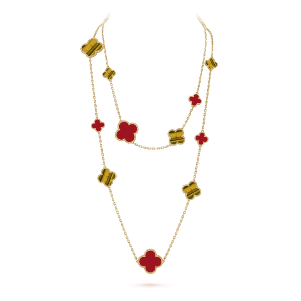 [⭐Seralia]CLOVER 16 MOTIF CARNELIAN TIGER EYE ROSE GOLD NECKLACE