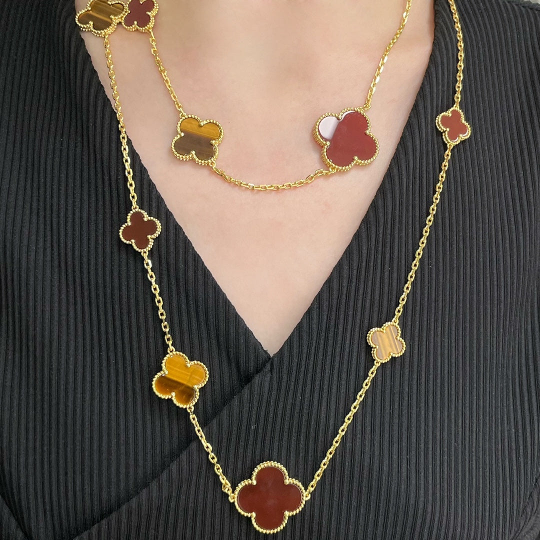 [⭐Seralia]CLOVER 16 MOTIF CARNELIAN TIGER EYE ROSE GOLD NECKLACE