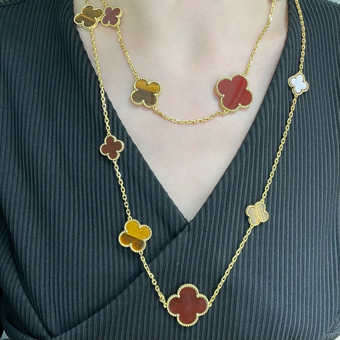 [⭐Seralia]CLOVER 16 MOTIF CARNELIAN TIGER EYE ROSE GOLD NECKLACE