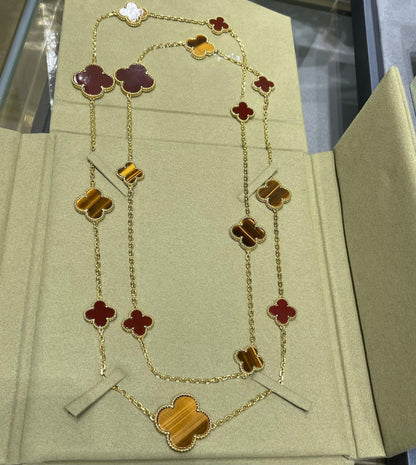 [⭐Seralia]CLOVER 16 MOTIF CARNELIAN TIGER EYE ROSE GOLD NECKLACE