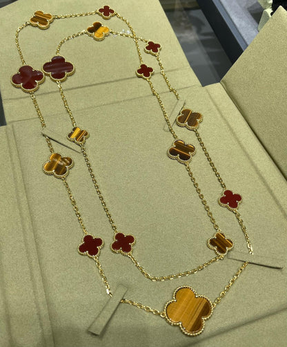 [⭐Seralia]CLOVER 16 MOTIF CARNELIAN TIGER EYE ROSE GOLD NECKLACE