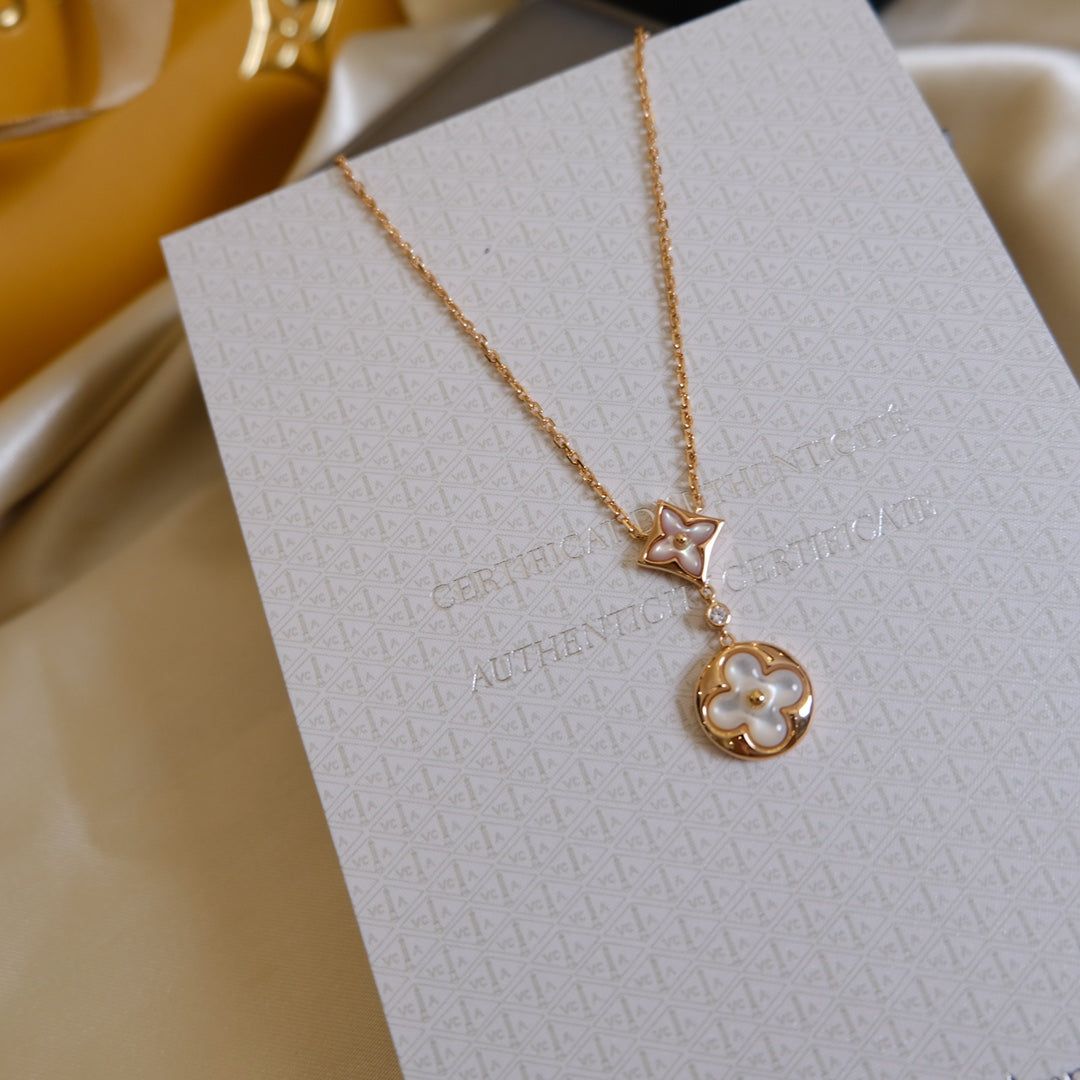 [⭐Seralia]STAR AND SUN WHITE MOP 2 MOTIF PINK GOLD NECKLACE