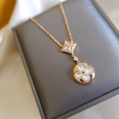 [⭐Seralia]STAR AND SUN WHITE MOP 2 MOTIF PINK GOLD NECKLACE