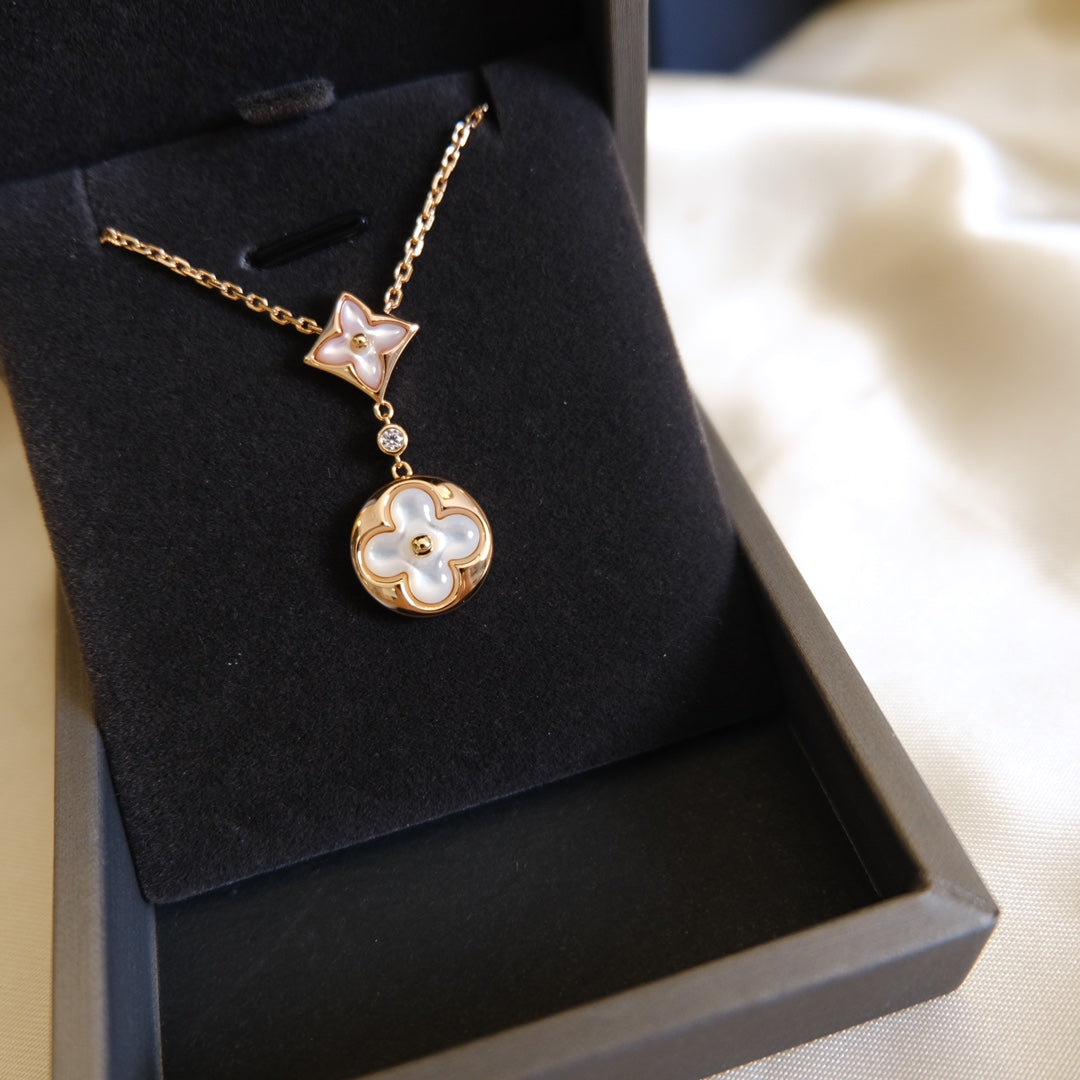 [⭐Seralia]STAR AND SUN WHITE MOP 2 MOTIF PINK GOLD NECKLACE