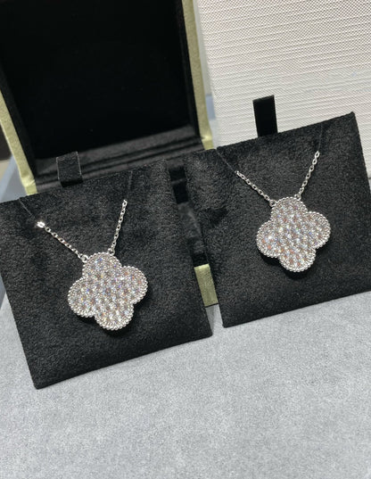 [⭐Seralia]CLOVER 25MM LARGE PENDANT DIAMOND PAVED SILVER NECKLACE