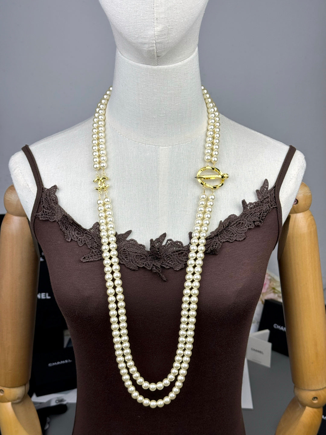 [⭐Seralia]25K Pencil Double C Double-Layer Pearl Sweater Chain