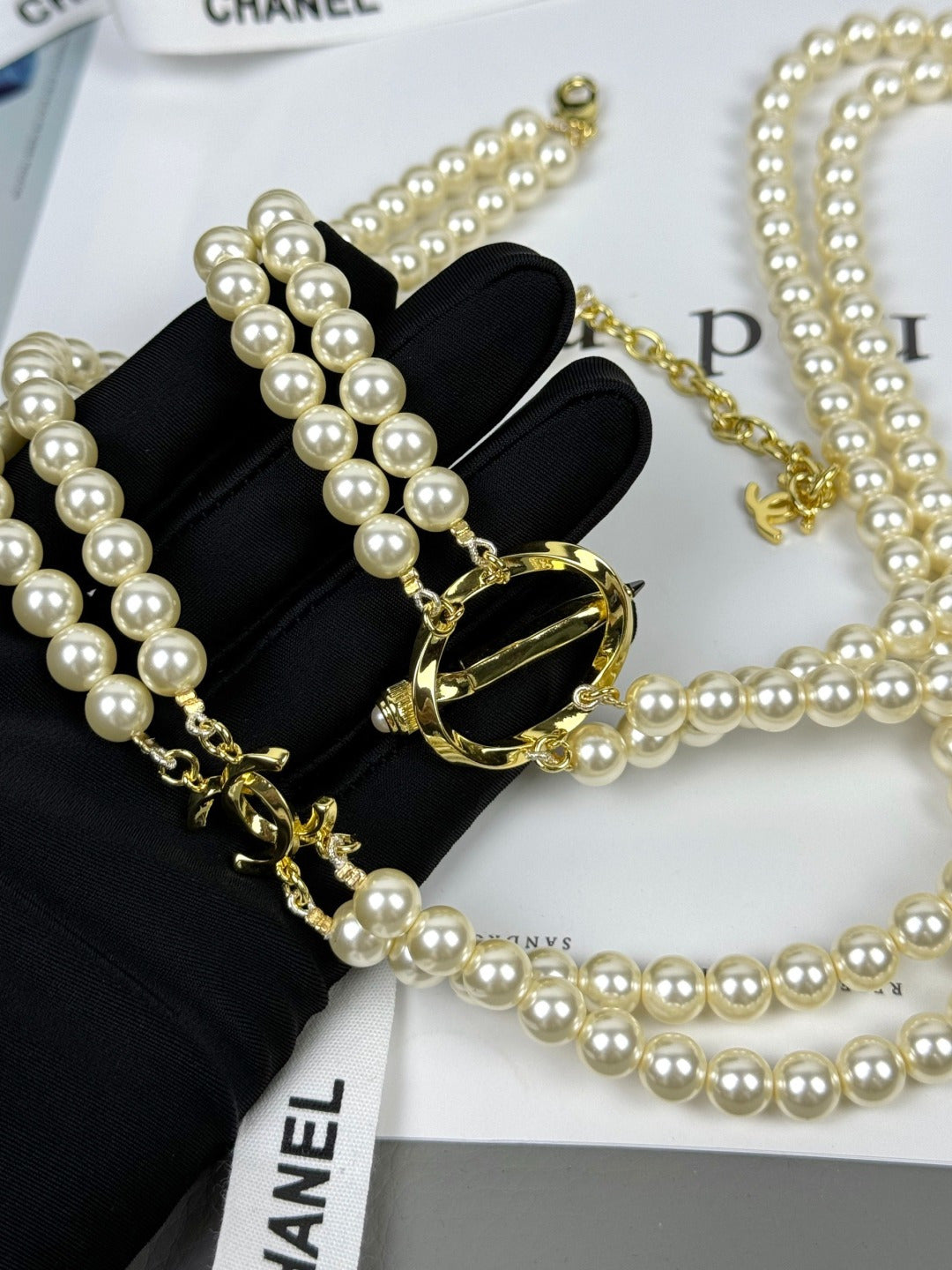 [⭐Seralia]25K Pencil Double C Double-Layer Pearl Sweater Chain