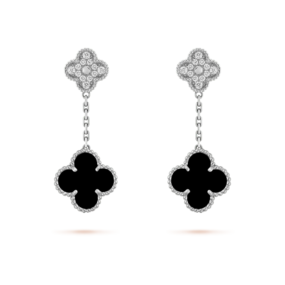 [⭐Seralia]CLOVER 2 MOTIFS  DIAMOND ONYX EARRINGS SILVER