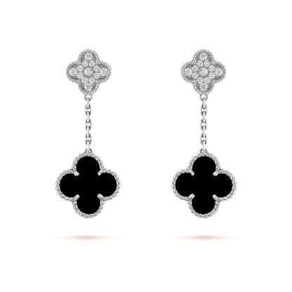 [⭐Seralia]CLOVER 2 MOTIFS  DIAMOND ONYX EARRINGS SILVER