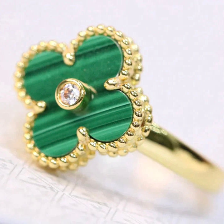 [⭐Seralia]CLOVER MALACHITE RING GOLD DIAMOND