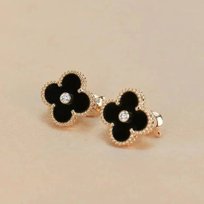 [⭐Seralia]CLOVER MEDIUM 1 MOTIFS ONYX DIAMOND EARRINGS