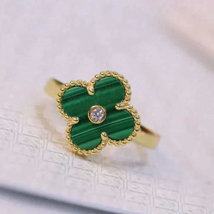 [⭐Seralia]CLOVER MALACHITE RING GOLD DIAMOND