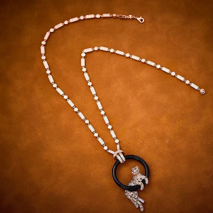 [⭐Seralia jewelrys]NEW BLACK CIRCLE PANTHER FULL DIAMOND NECKLACE