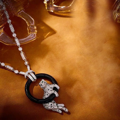 [⭐Seralia jewelrys]NEW BLACK CIRCLE PANTHER FULL DIAMOND NECKLACE