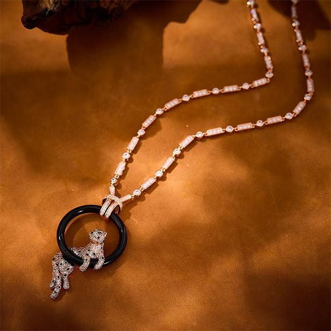 [⭐Seralia jewelrys]NEW BLACK CIRCLE PANTHER FULL DIAMOND NECKLACE