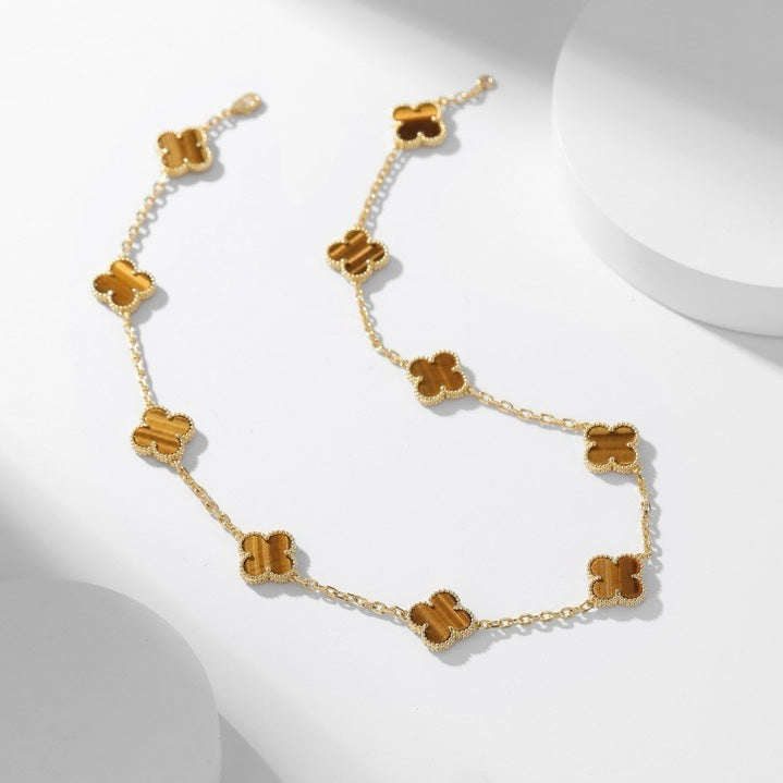 [⭐Seralia]CLOVER 10 MOTIFS TIGER EYE NECKLACE