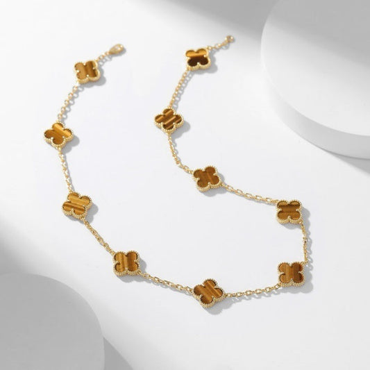 [⭐Seralia]CLOVER 10 MOTIFS TIGER EYE NECKLACE