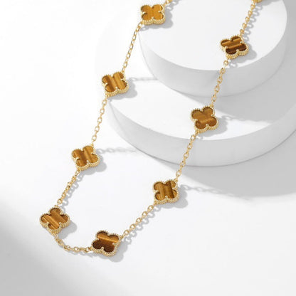 [⭐Seralia]CLOVER 10 MOTIFS TIGER EYE NECKLACE