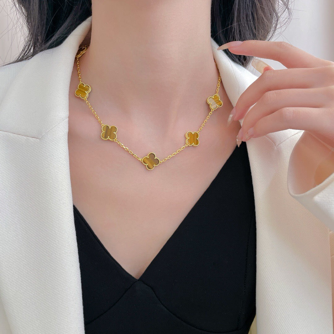 [⭐Seralia]CLOVER 10 MOTIFS TIGER EYE NECKLACE