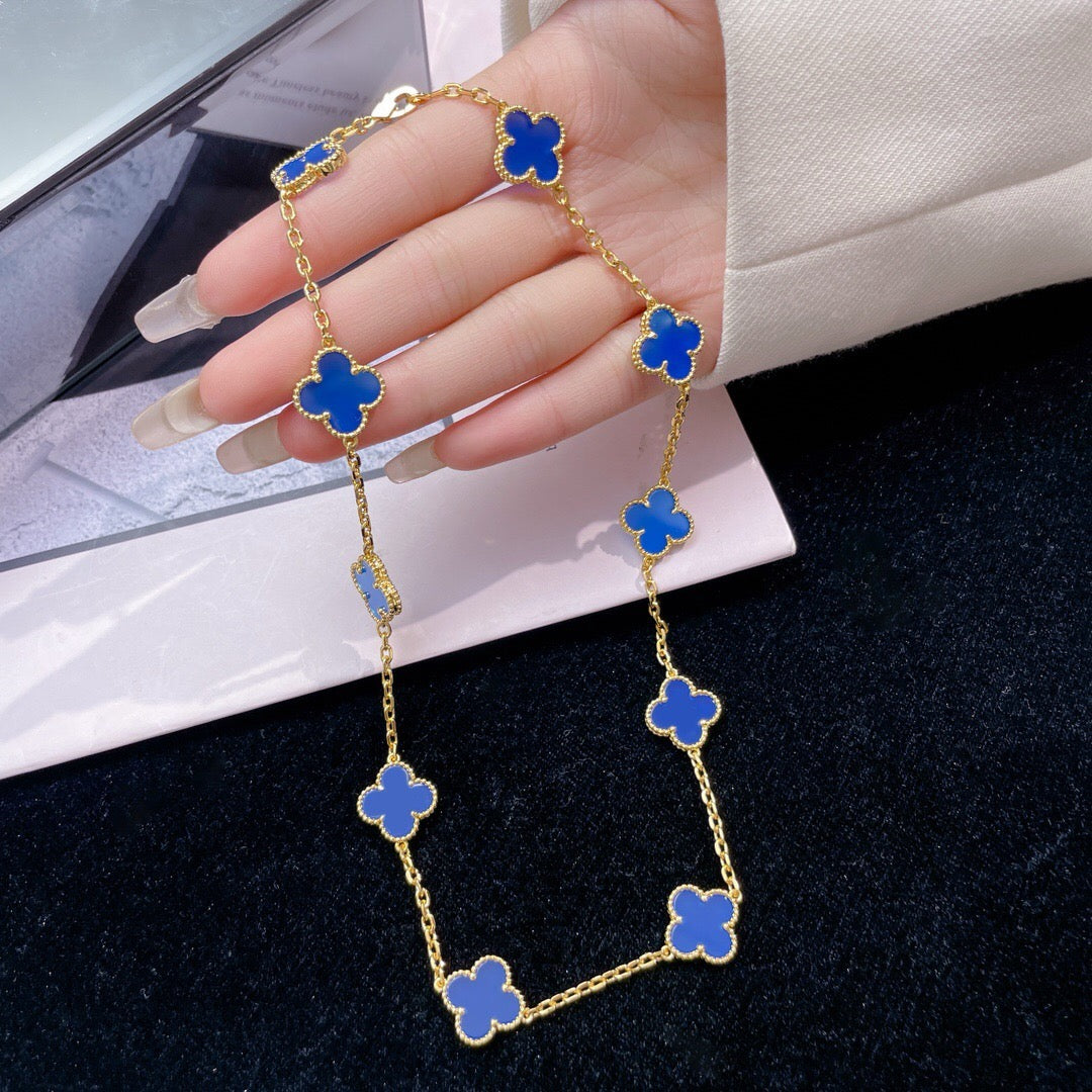 [⭐Seralia]CLOVER 10 MOTIFS BLUE AGATE NECKLACE