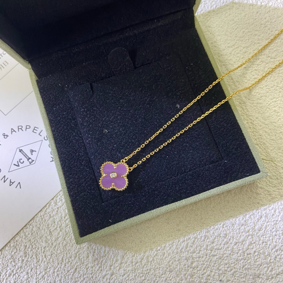 [⭐Seralia Jewelry]CLOVER 15MM DIAMOND  PURPLE VIOLET NECKLACE