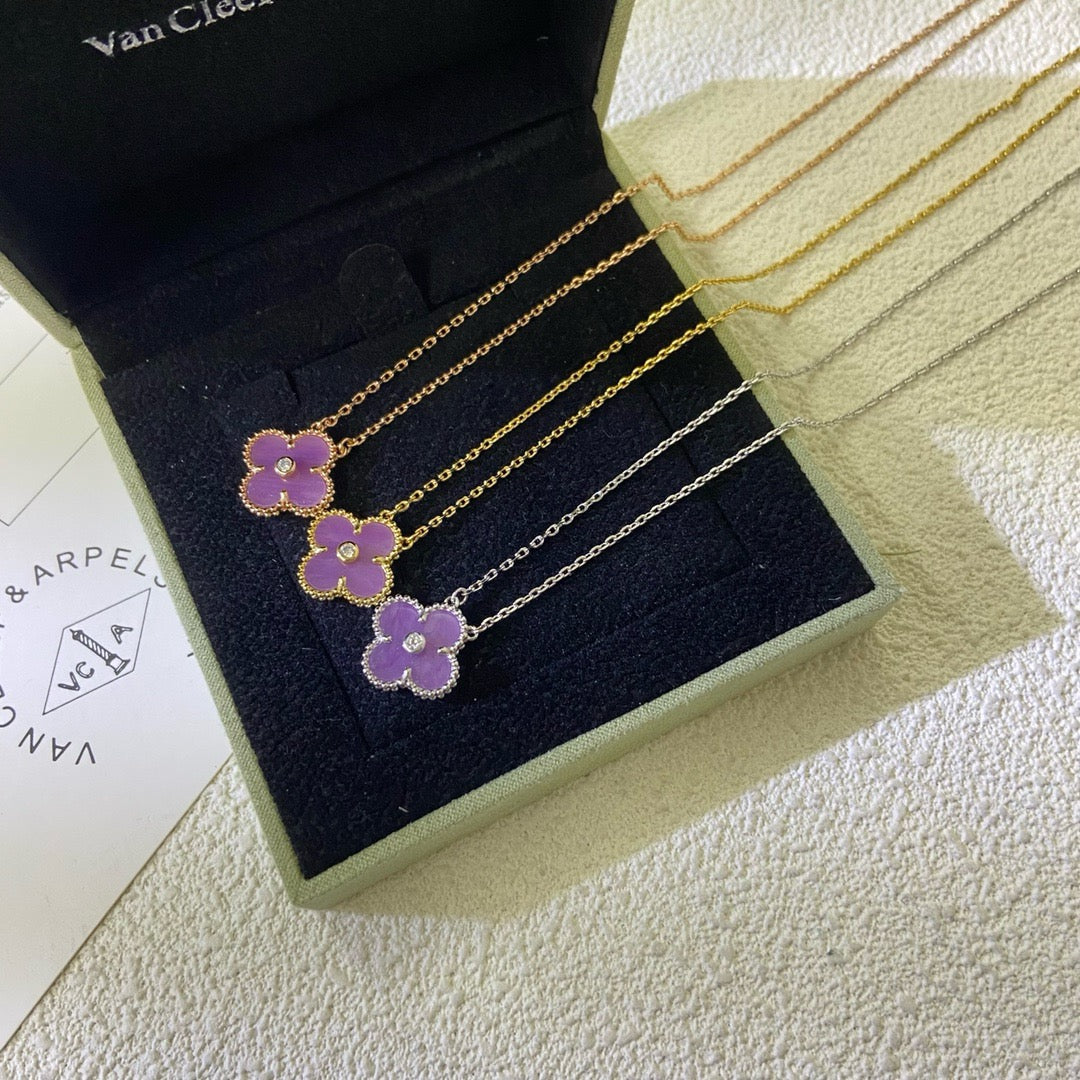 [⭐Seralia Jewelry]CLOVER 15MM DIAMOND  PURPLE VIOLET NECKLACE