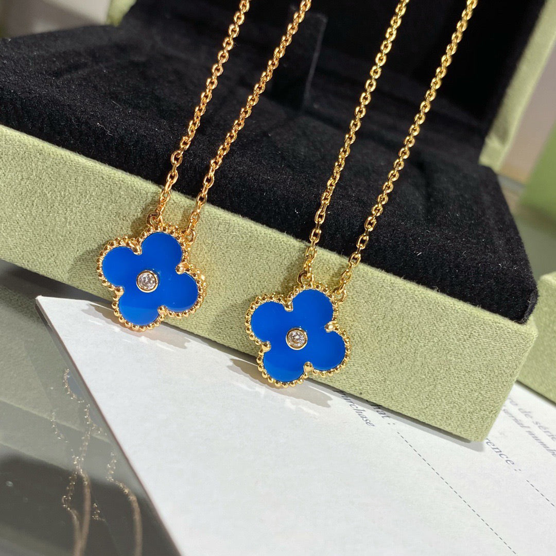 [⭐Seralia]CLOVER 15MM DIAMOND AND BLUE AGATE NECKLACE