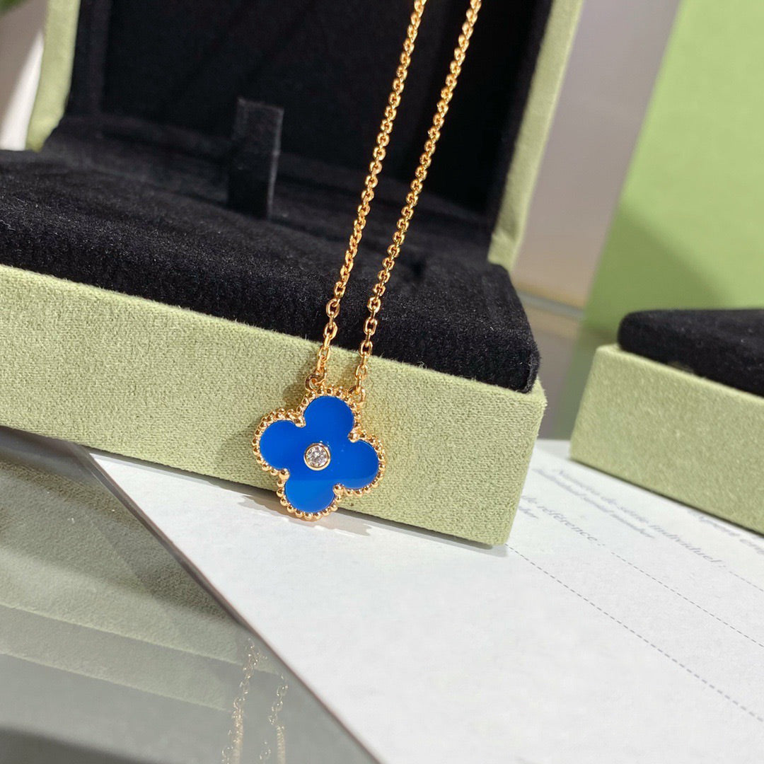 [⭐Seralia]CLOVER 15MM DIAMOND AND BLUE AGATE NECKLACE