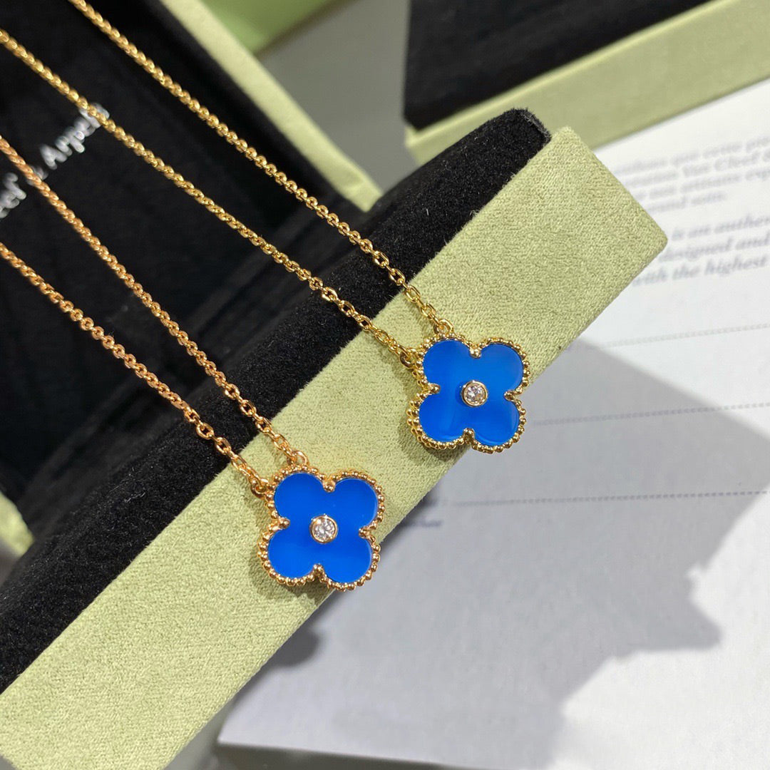 [⭐Seralia]CLOVER 15MM DIAMOND AND BLUE AGATE NECKLACE