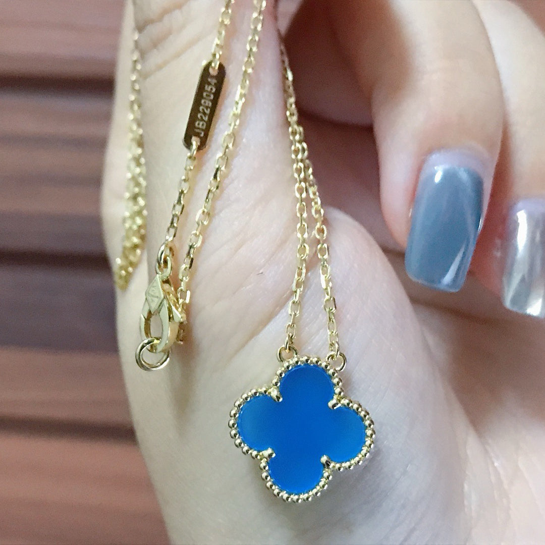 [⭐Seralia]CLOVER 15MM BLUE AGATE NECKLACE