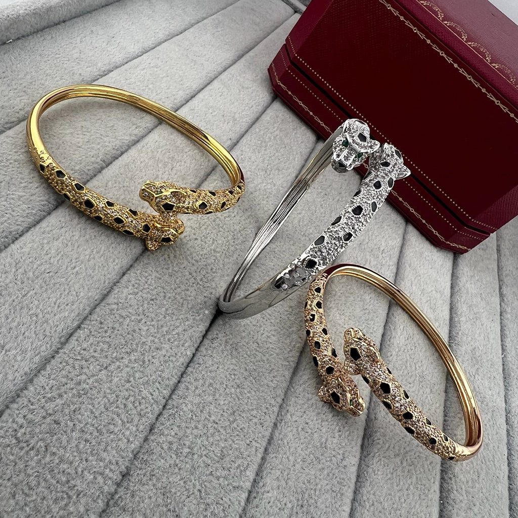 [⭐Seralia]PANTHERE DOUBLE HEADED HALF DIAMOND OPEN BRACELET