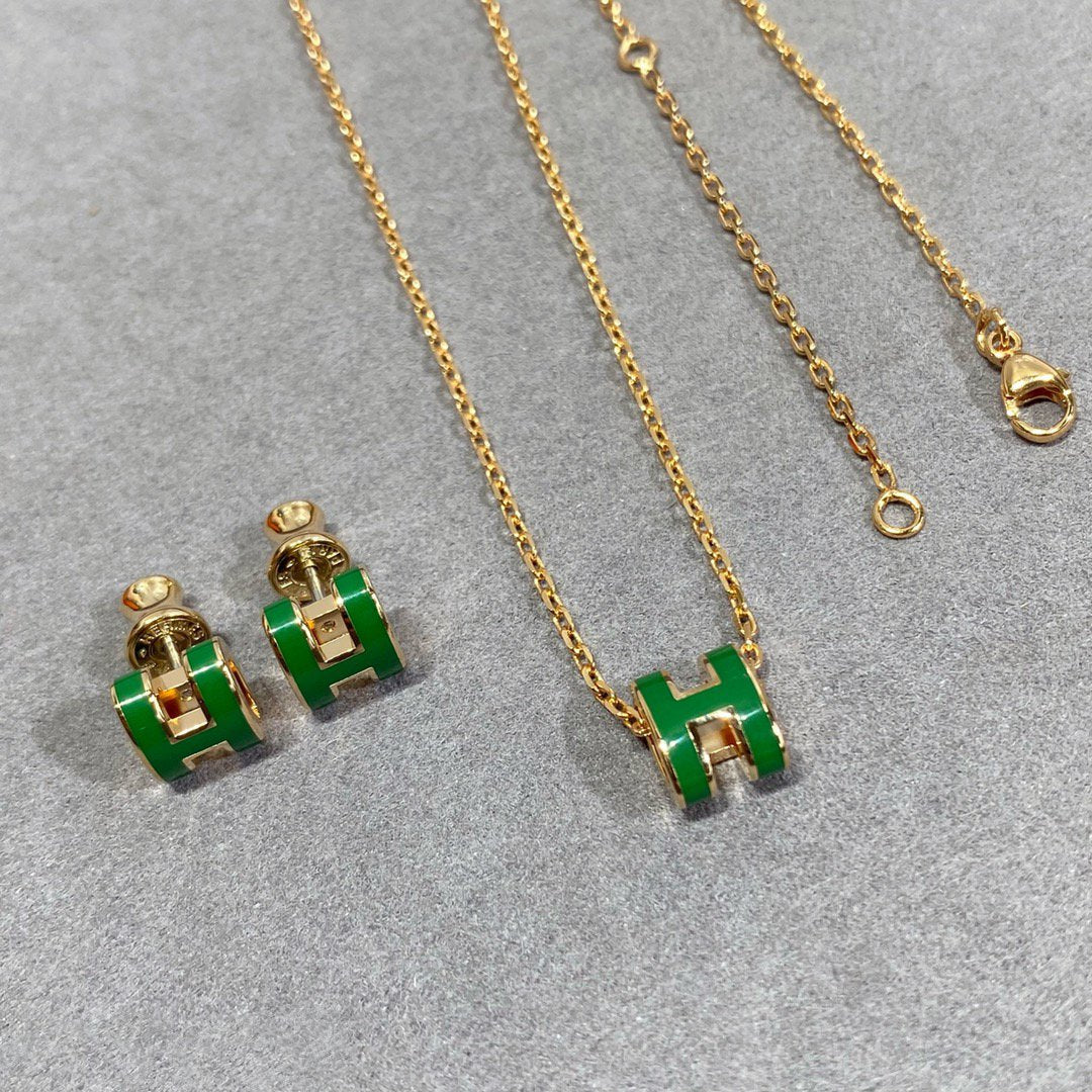 [⭐Seralia]POP H GREEN NECKLACE SILVER AND GOLD