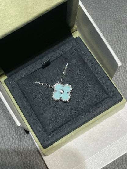 [⭐Seralia]CLOVER 1 DIAMOND LIGHT BLUE SILVER NECKLACE