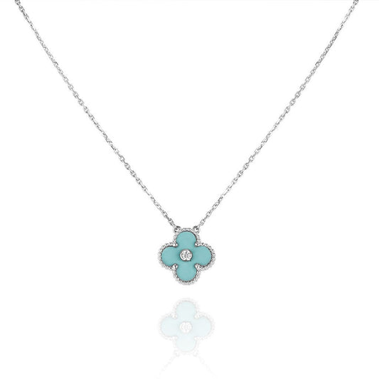 [⭐Seralia]CLOVER 1 DIAMOND LIGHT BLUE SILVER NECKLACE