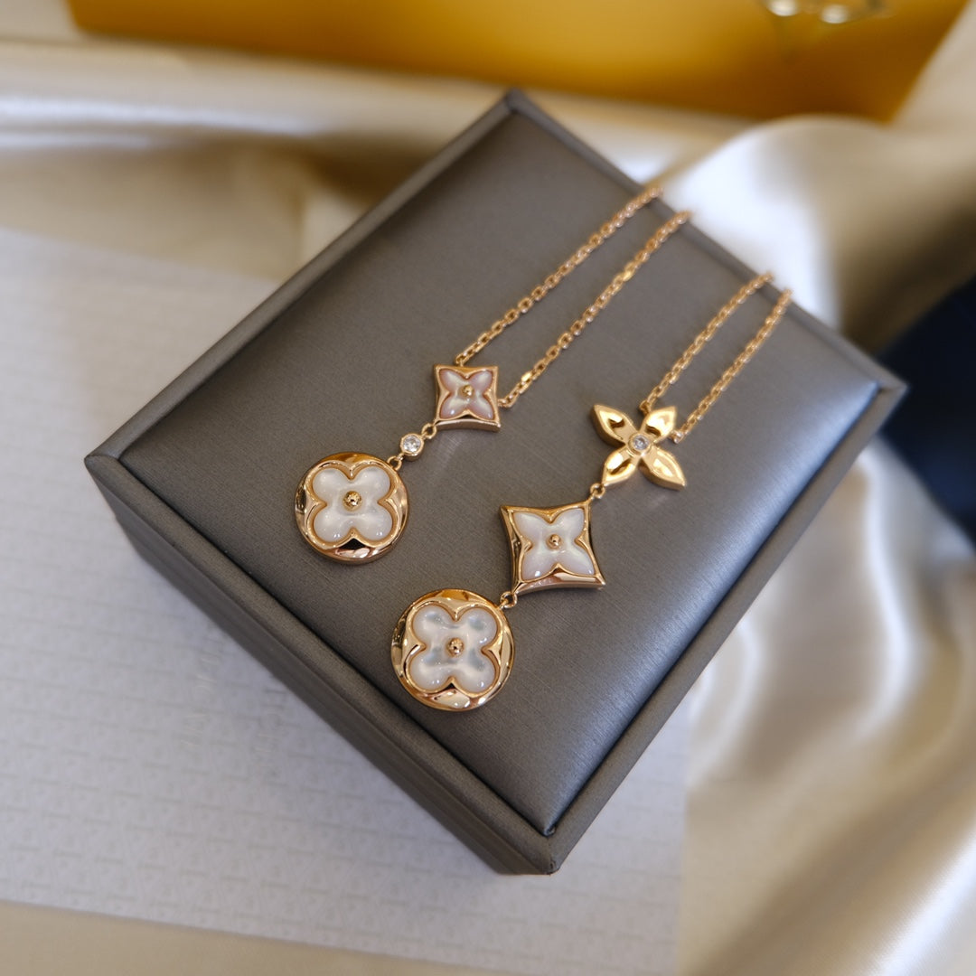 [⭐Seralia]COLOR BLOSSOM LARIAT NECKLACE PINK GOLD WHITE MOTHER PEARL AND DIAMOND