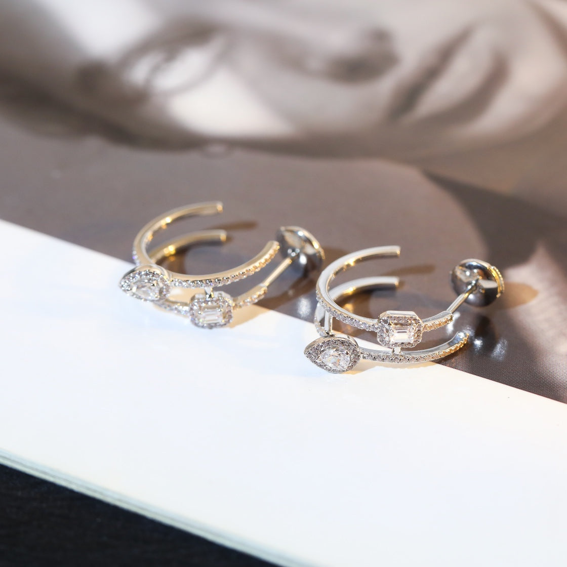 [⭐Seralia]CREOLES MY TWIN 2 RANGS SILVER DIAMOND EARRINGS