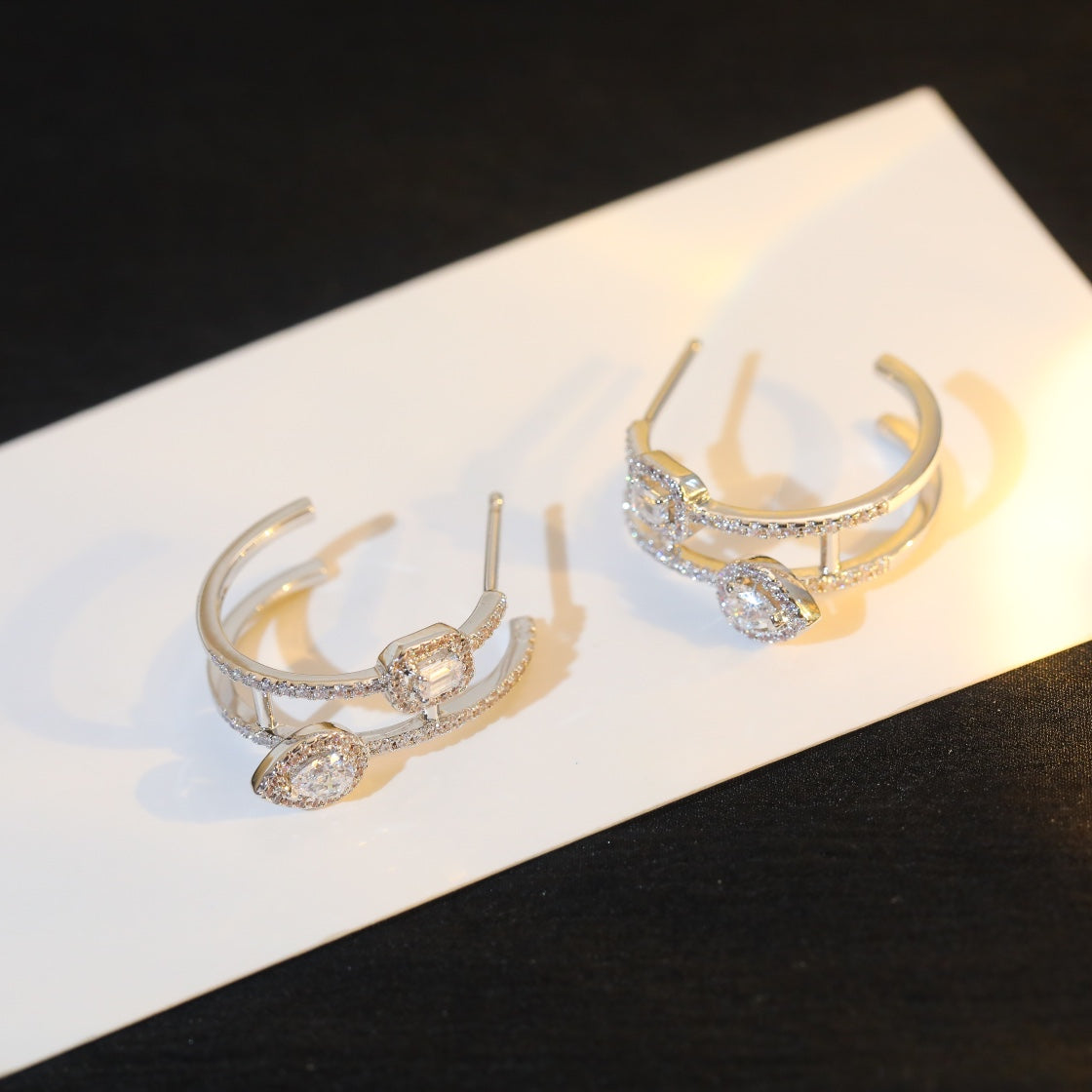 [⭐Seralia]CREOLES MY TWIN 2 RANGS SILVER DIAMOND EARRINGS
