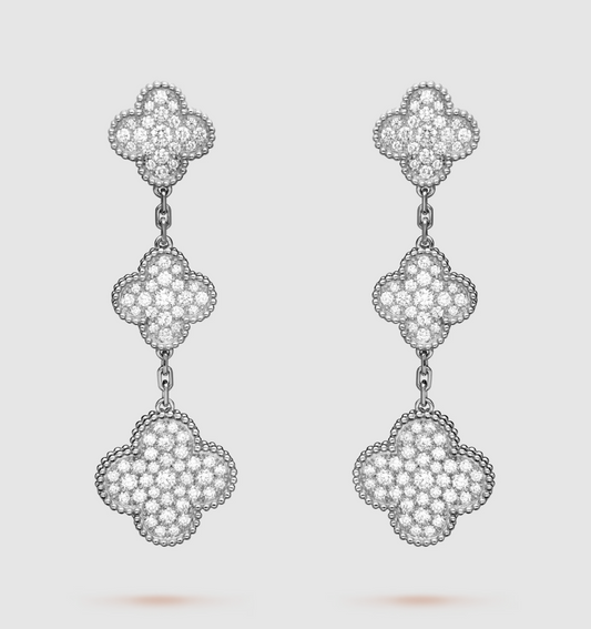 [⭐Seralia]CLOVER 3 MOTIF DIAMOND SILVER DROP EARRINGS