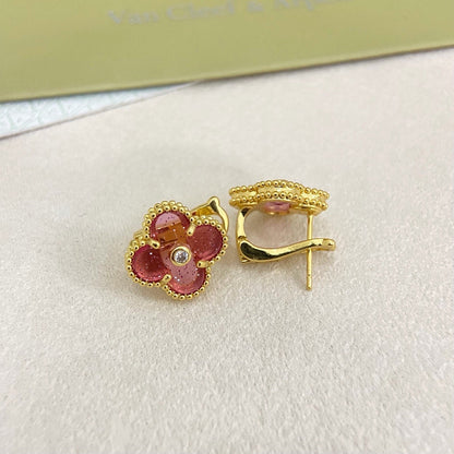 [⭐Seralia]2026 NEW  CLOVER 1 MOTIFPINK ENAMEL STUD EARRINGS WITH DIAMONDS2