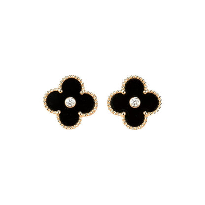 [⭐Seralia]CLOVER MEDIUM 1 MOTIFS ONYX DIAMOND EARRINGS