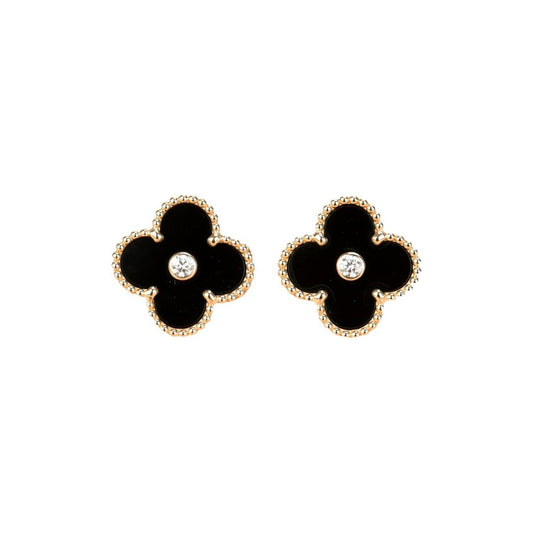 [⭐Seralia]CLOVER MEDIUM 1 MOTIFS ONYX DIAMOND EARRINGS