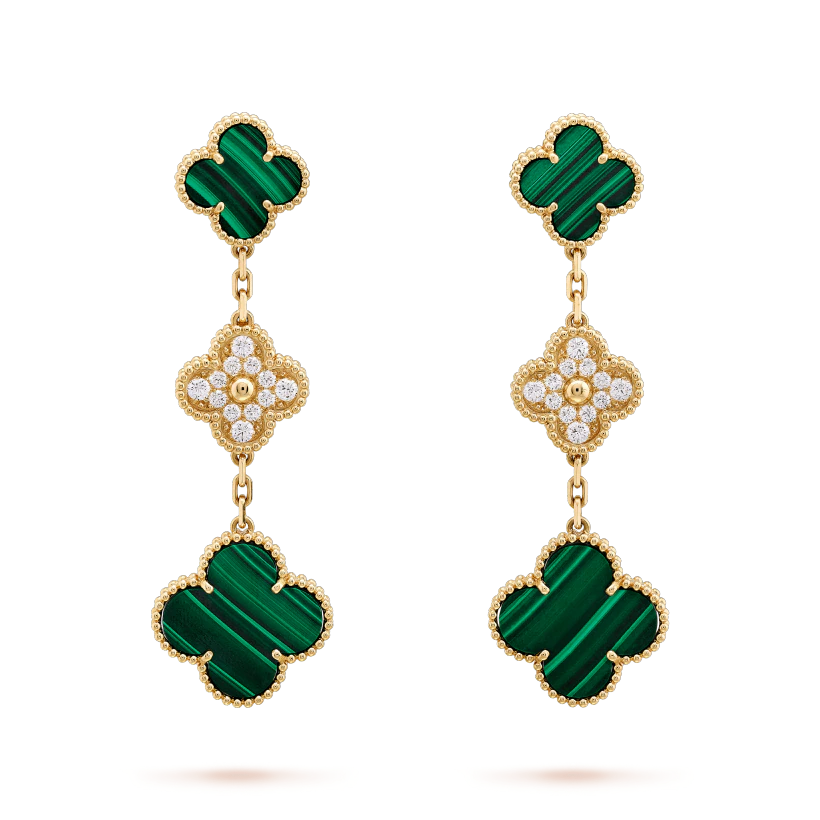 [⭐Seralia]CLOVER EARRINGS GOLD MALACHITE DIAMOND 3 MOTIF