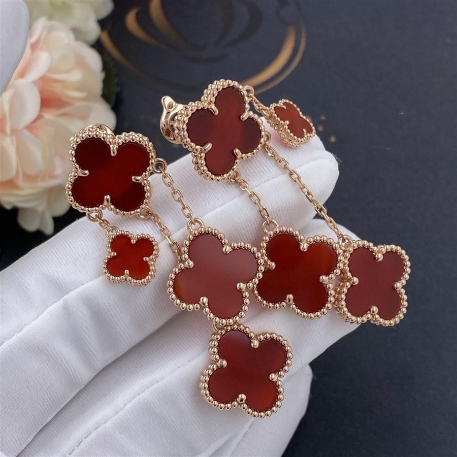[⭐Seralia]CLOVER EARRINGS CARNELIAN 4 MOTIFS PINK GOLD