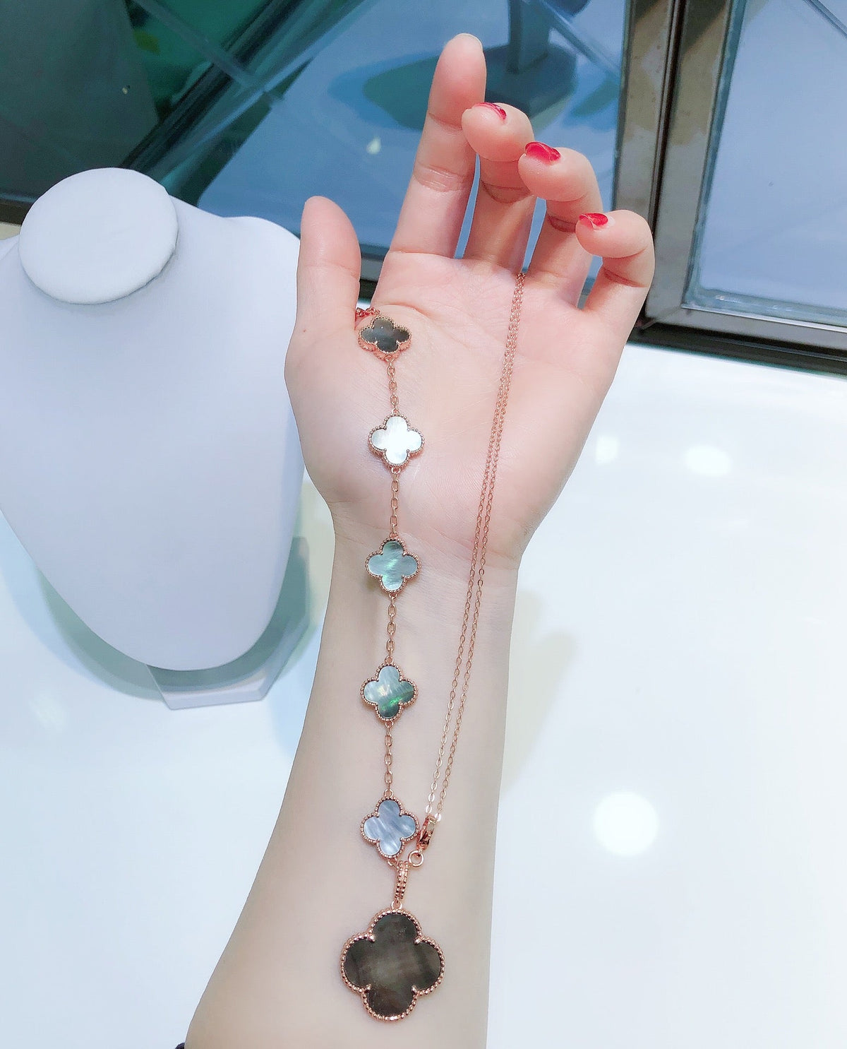 [⭐Seralia]COMBINED BRACELET 5 MOTIFS AND NECKLACE DARK MOP ROSE GOLD