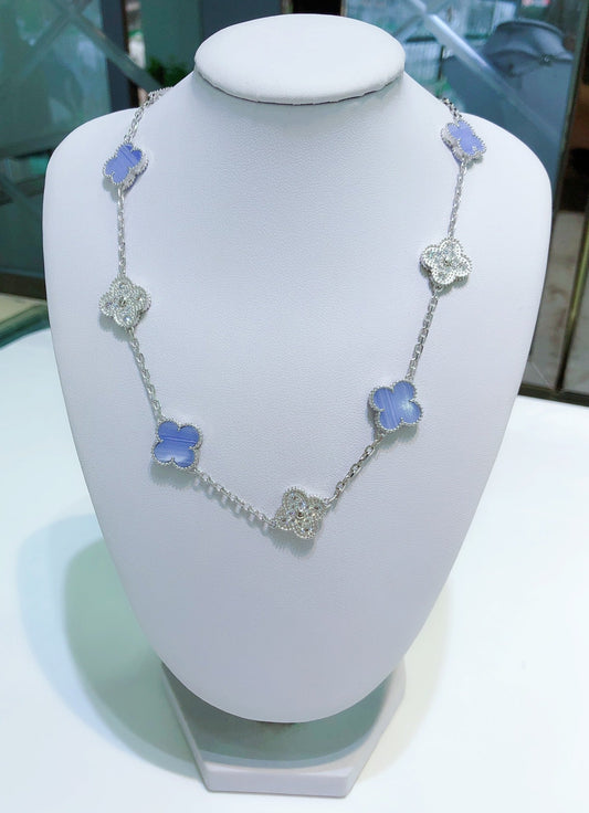 [⭐Seralia]CLOVER 10 MOTIFS CHALCEDONY DIAMONDS SILVER NECKLACE