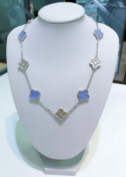 [⭐Seralia]CLOVER 10 MOTIFS CHALCEDONY DIAMONDS SILVER NECKLACE