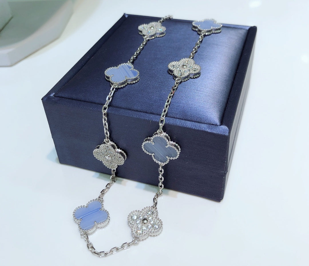 [⭐Seralia]CLOVER 10 MOTIFS CHALCEDONY DIAMONDS SILVER NECKLACE