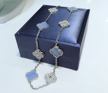 [⭐Seralia]CLOVER 10 MOTIFS CHALCEDONY DIAMONDS SILVER NECKLACE