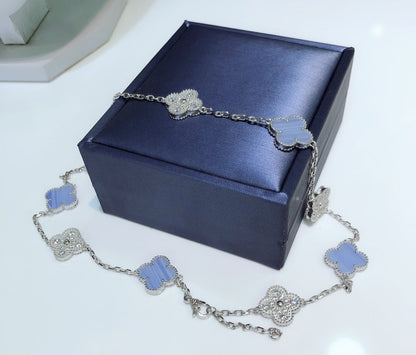 [⭐Seralia]CLOVER 10 MOTIFS CHALCEDONY DIAMONDS SILVER NECKLACE