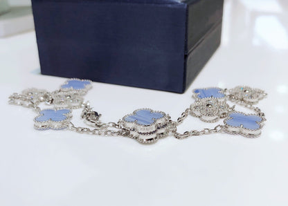 [⭐Seralia]CLOVER 10 MOTIFS CHALCEDONY DIAMONDS SILVER NECKLACE